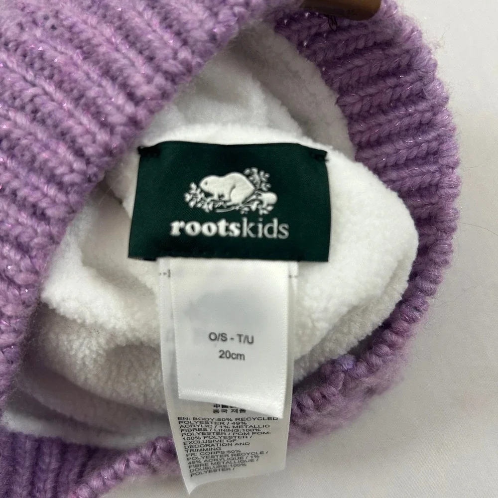 Roots Beanie Kids Girls One Size Purple Sparkle Ribbed Knit Faux Fur Pom Toque